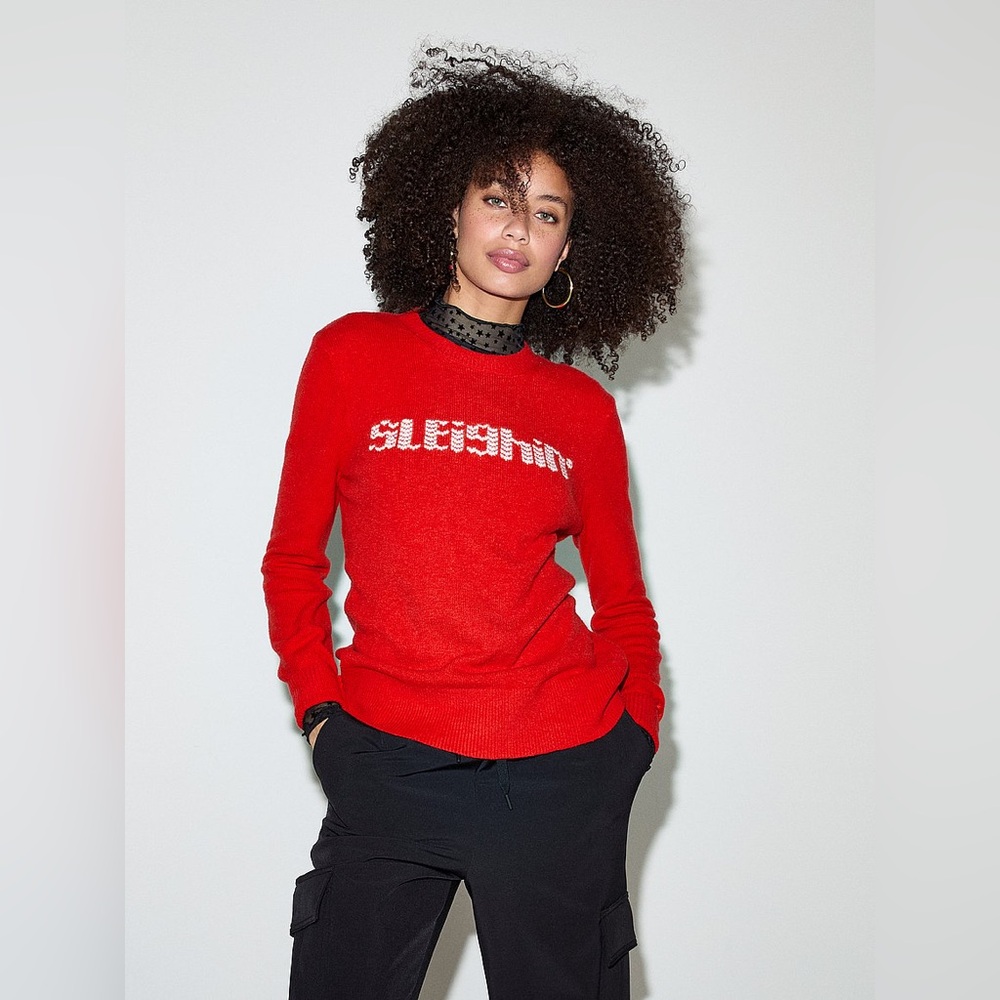Victoria Secret PINK Collegiate Knit Crewneck Red Sleighin’ Sweater M Holiday
